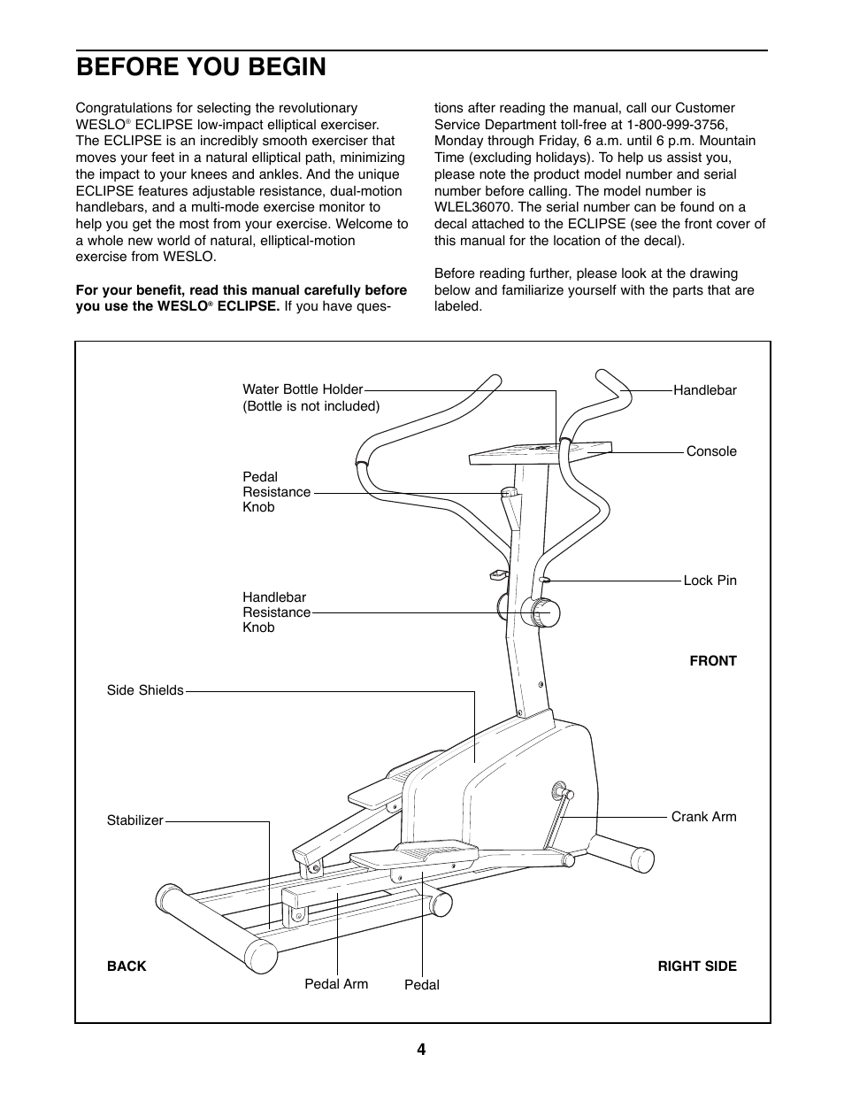 Before you begin | Weslo WLEL36070 User Manual | Page 4 / 16