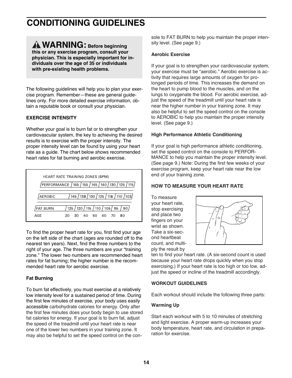 Conditioning guidelines, Warning | Weslo WLTL22190 User Manual | Page 14 / 18