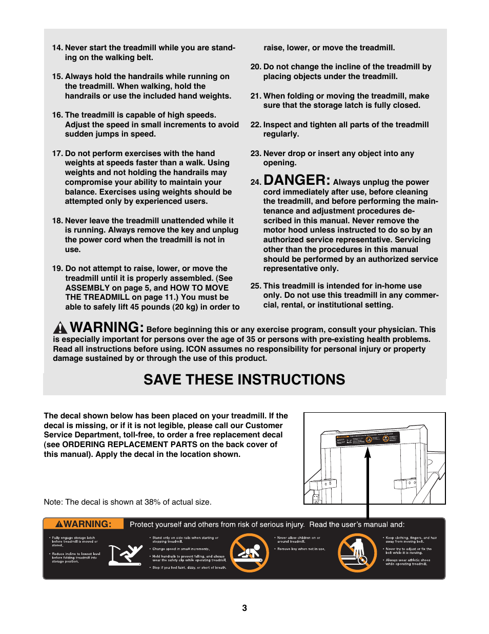 Danger, Warning, Save these instructions | Weslo WLTL22190 User Manual | Page 3 / 18