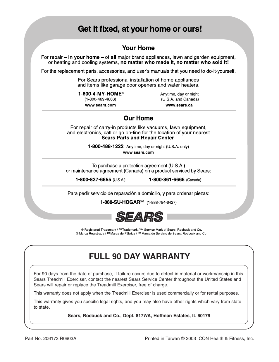 Full 90 day warranty | Weslo 831.291030 User Manual | Page 12 / 12