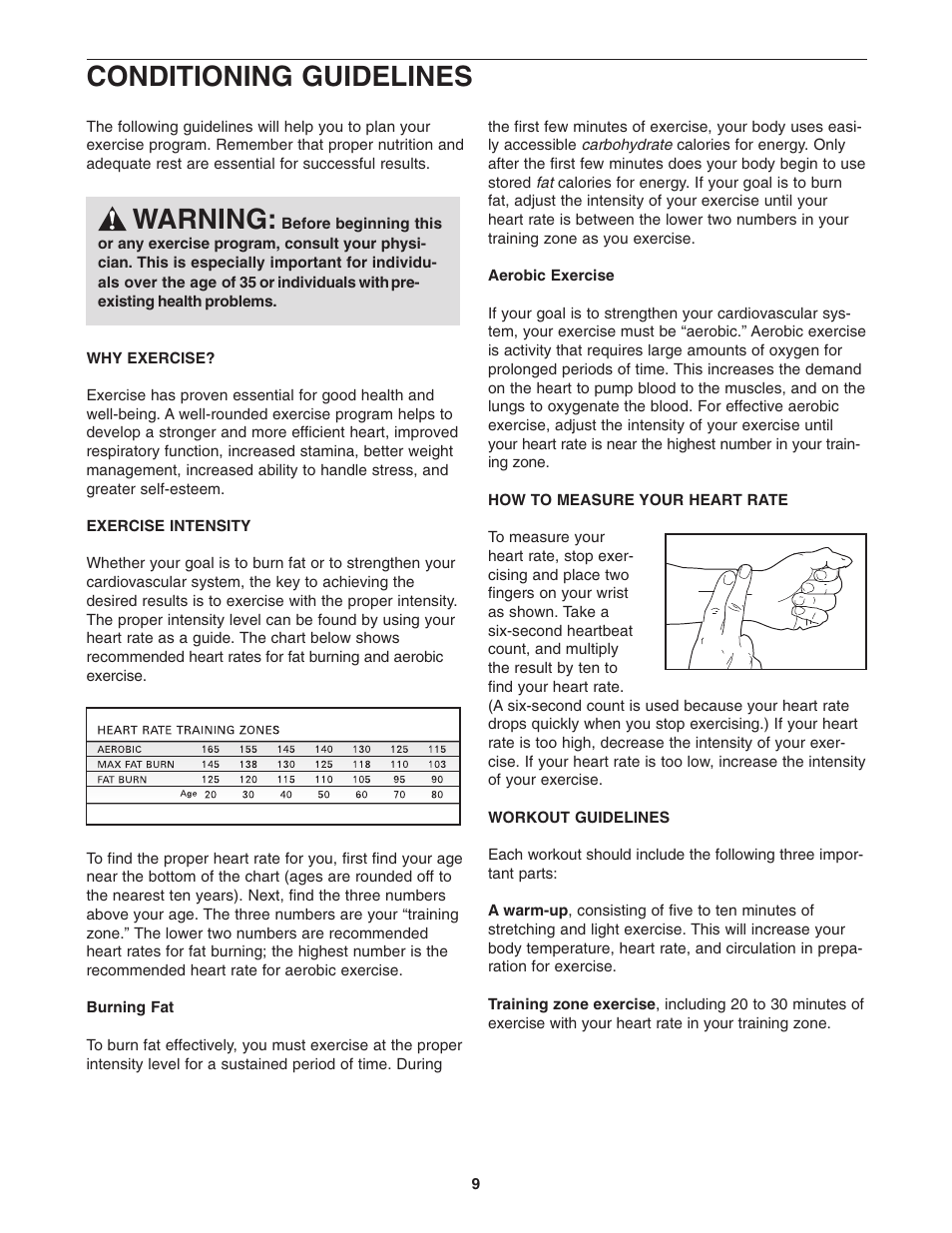 Conditioning guidelines warning | Weslo 831.291030 User Manual | Page 9 / 12