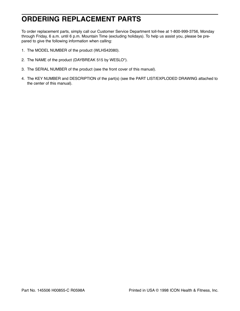 Ordering replacement parts | Weslo Daybreak 515 WLHS42080 User Manual | Page 24 / 24