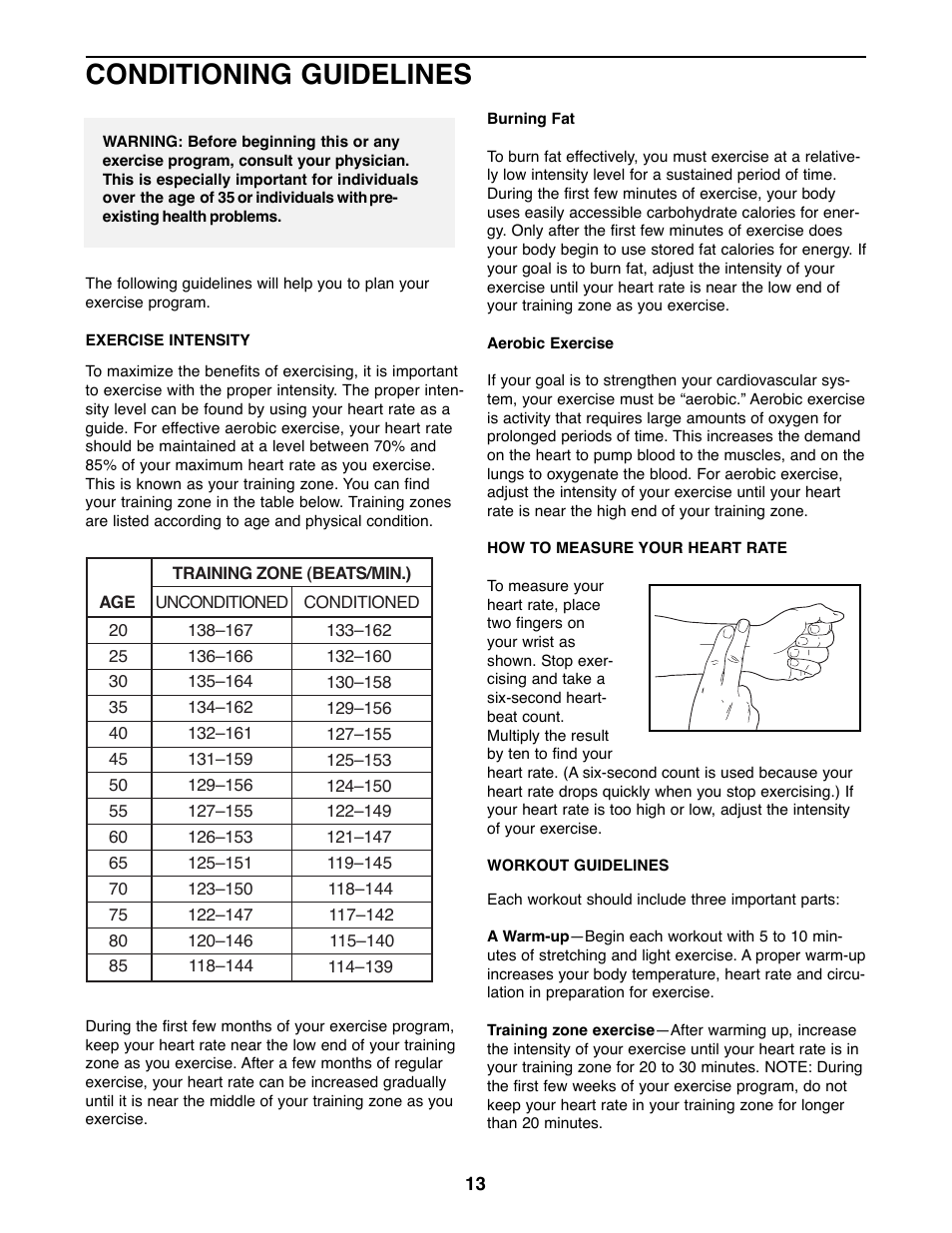 Conditioning guidelines | Weslo WLEX27180 User Manual | Page 13 / 16