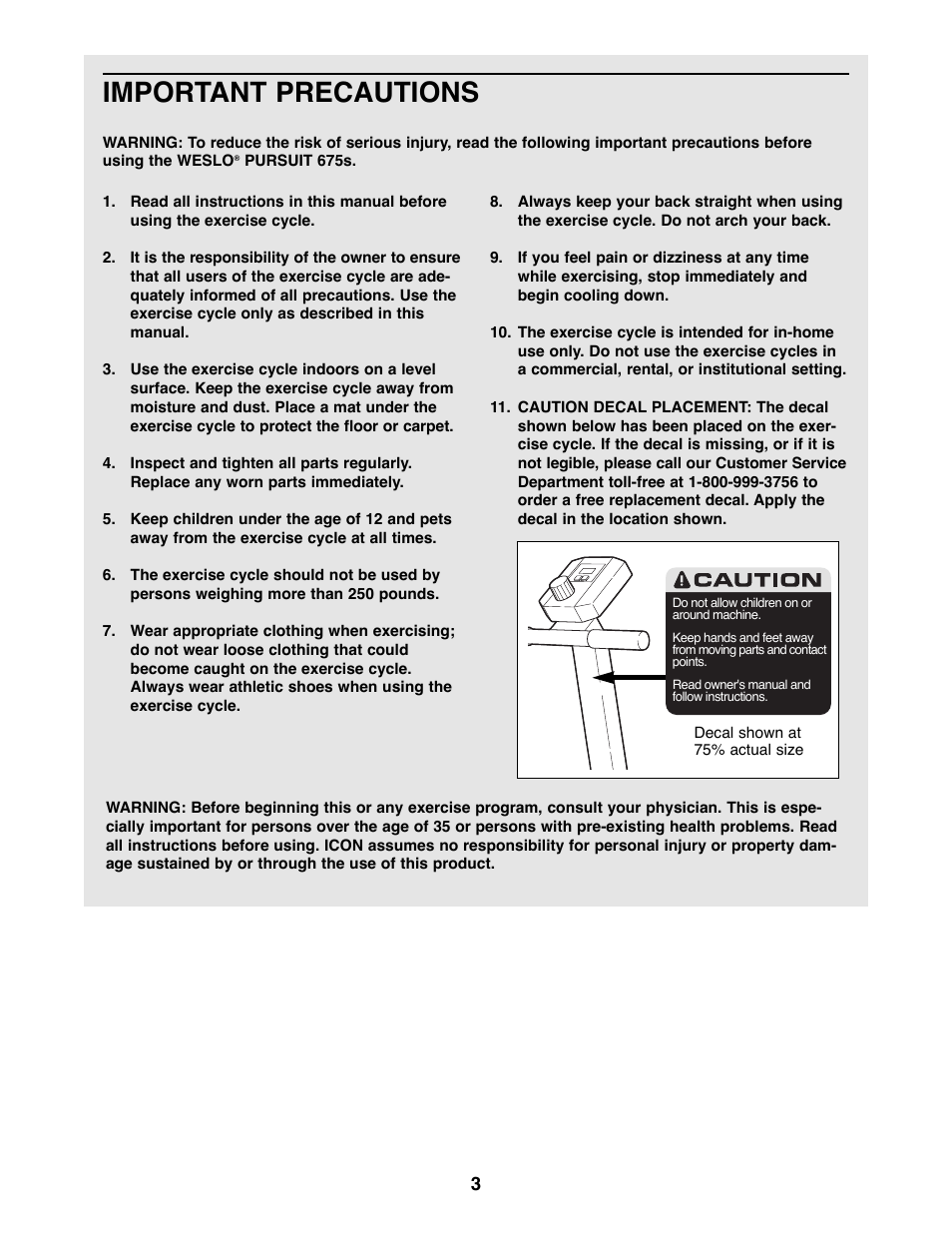 Important precautions | Weslo WLEX27180 User Manual | Page 3 / 16