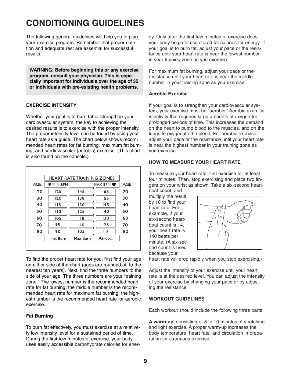 Conditioning guidelines | Weslo WLAW55075 User Manual | Page 9 / 12