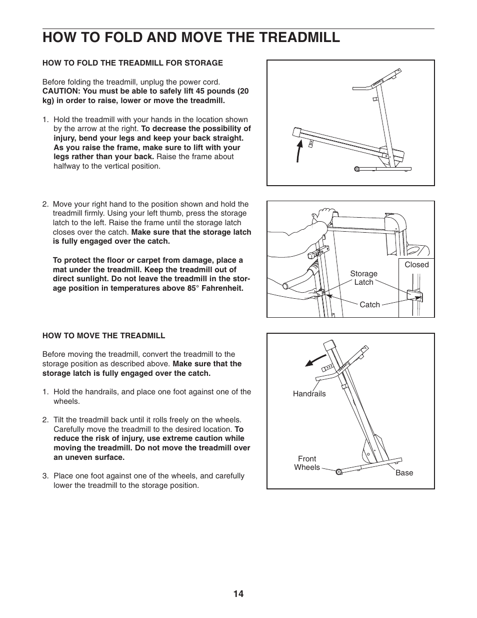 How to fold and move the treadmill | Weslo CADENCE C44 WLTL29305.0 User Manual | Page 14 / 23