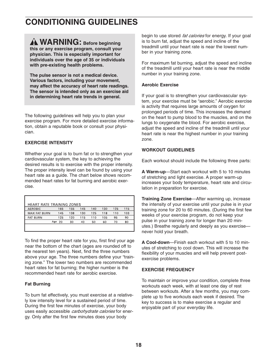 Conditioning guidelines, Warning | Weslo CADENCE C44 WLTL29305.0 User Manual | Page 18 / 23