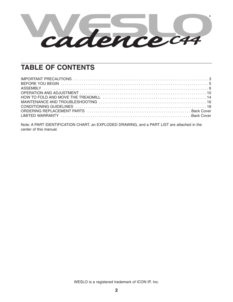 Weslo CADENCE C44 WLTL29305.0 User Manual | Page 2 / 23