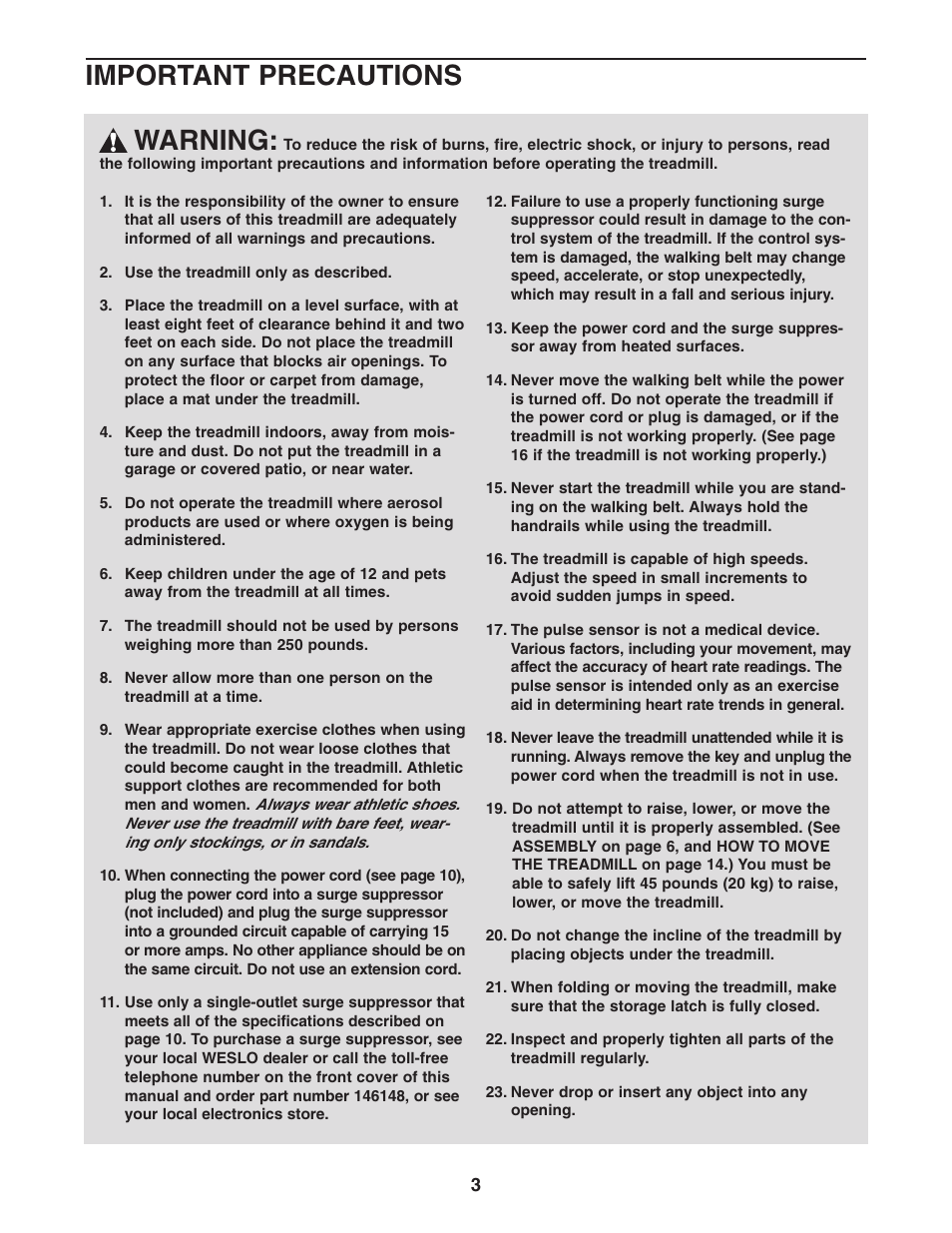 Warning, Important precautions | Weslo CADENCE C44 WLTL29305.0 User Manual | Page 3 / 23