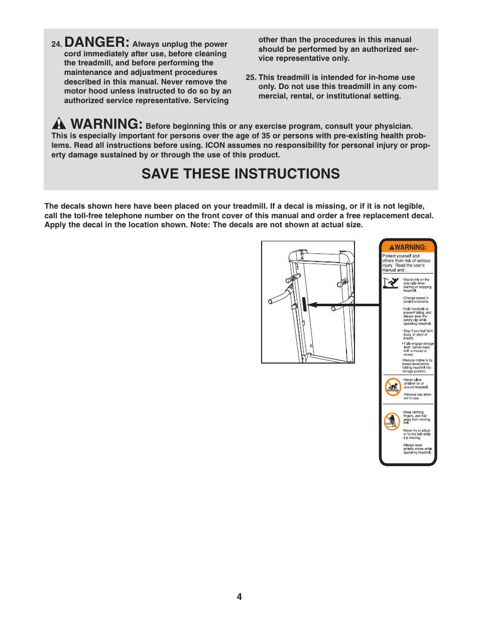 Danger, Warning, Save these instructions | Weslo CADENCE C44 WLTL29305.0 User Manual | Page 4 / 23