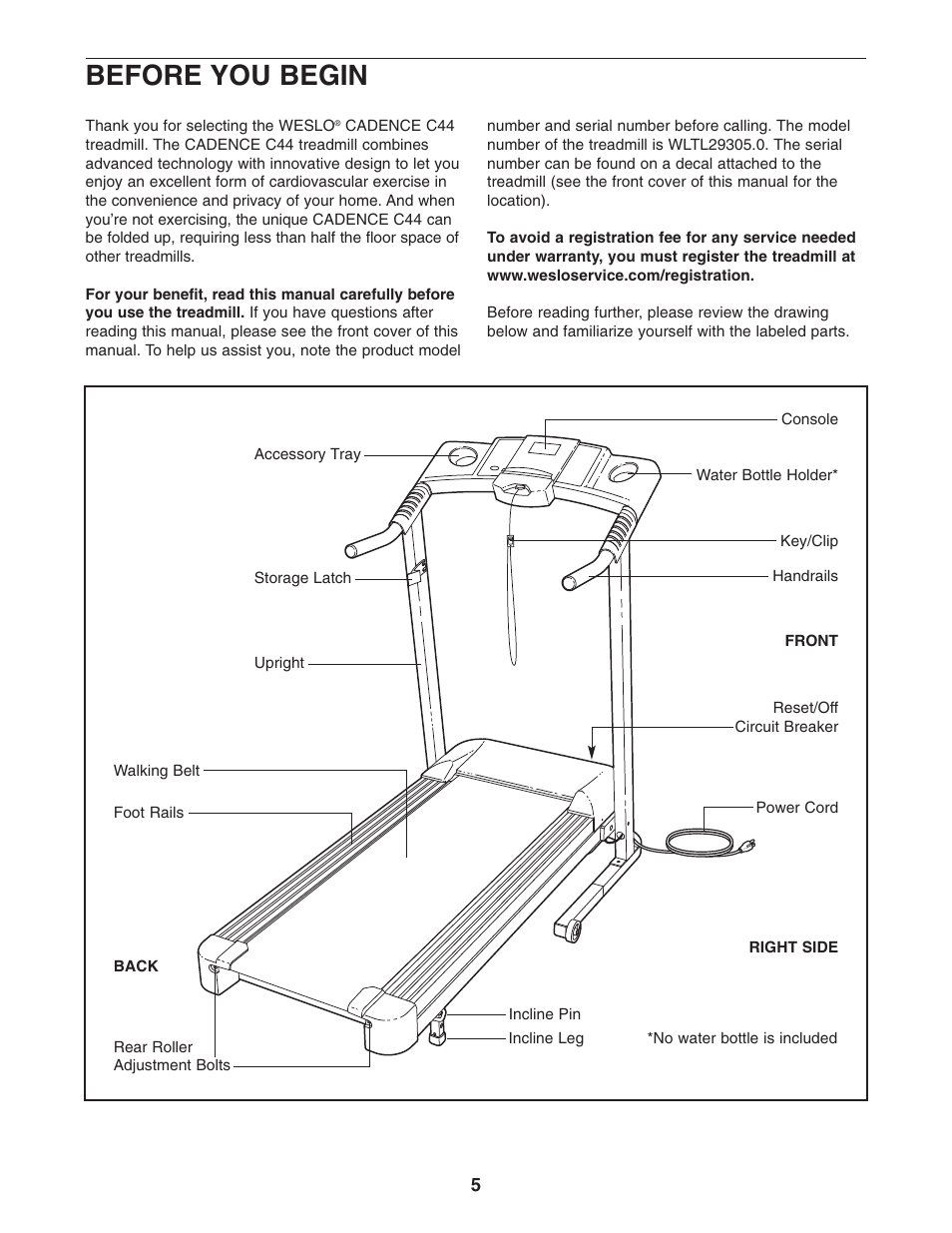 Before you begin | Weslo CADENCE C44 WLTL29305.0 User Manual | Page 5 / 23