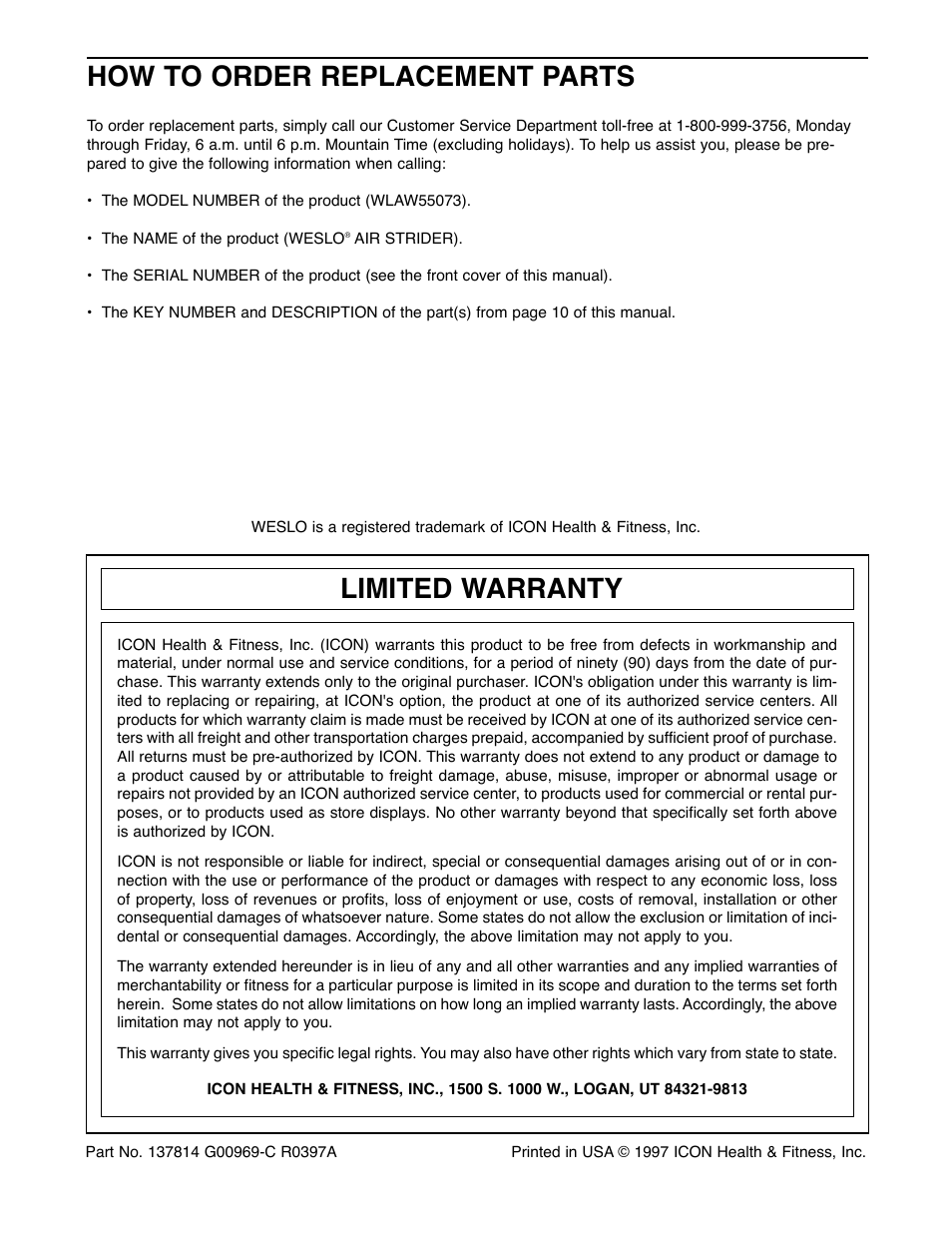 How to order replacement parts, Limited warranty | Weslo WLAW55073 User Manual | Page 12 / 12