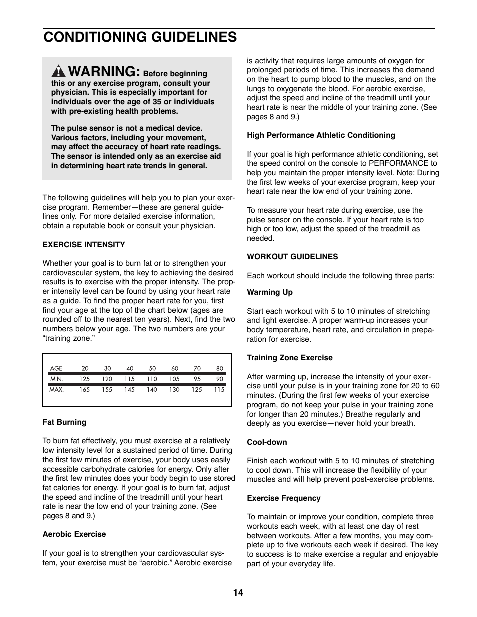 Conditioning guidelines, Warning | Weslo WLTL27081 User Manual | Page 14 / 18