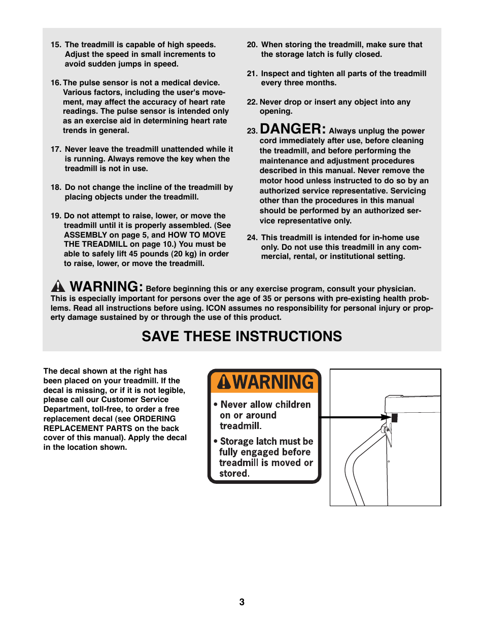 Danger, Warning, Save these instructions | Weslo WLTL27081 User Manual | Page 3 / 18