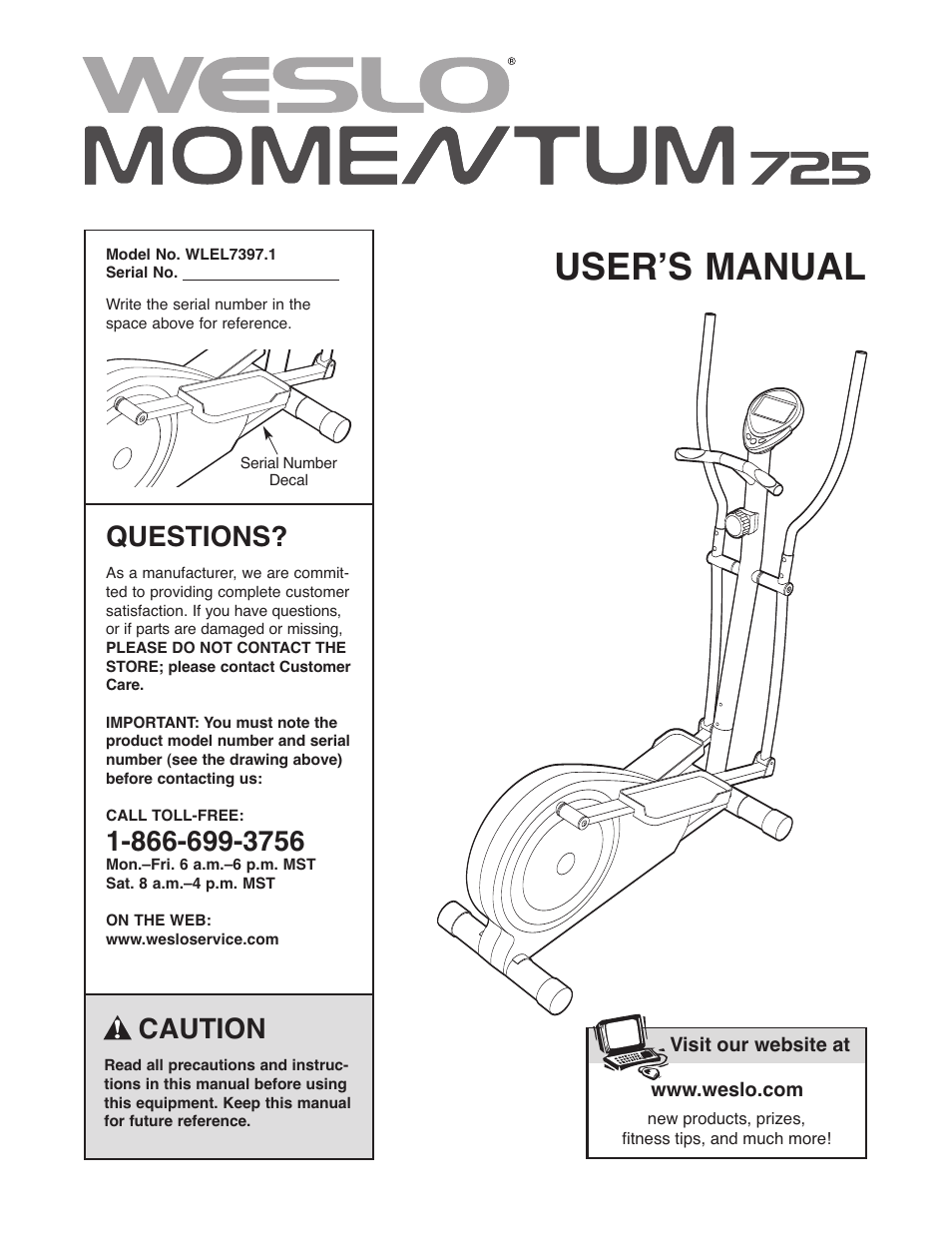 Weslo MOMENTUM WLEL7397.1 User Manual | 16 pages