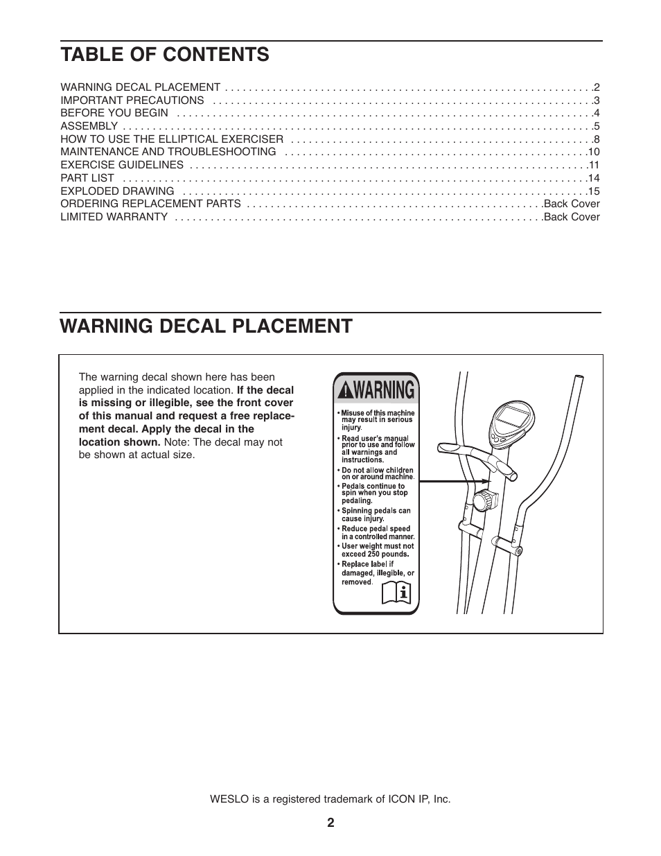 Weslo MOMENTUM WLEL7397.1 User Manual | Page 2 / 16
