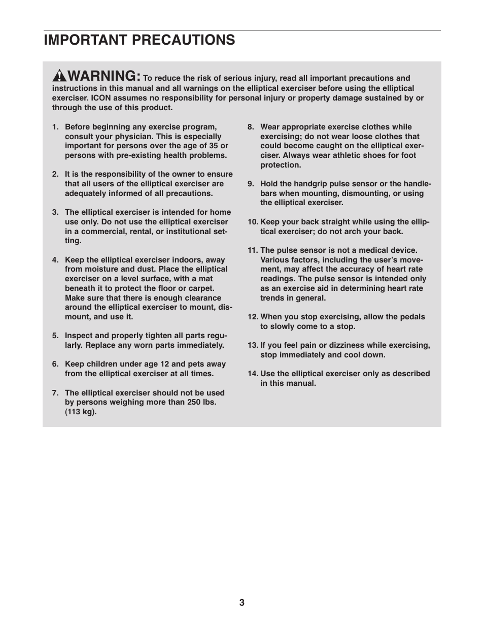 Warning, Important precautions | Weslo MOMENTUM WLEL7397.1 User Manual | Page 3 / 16