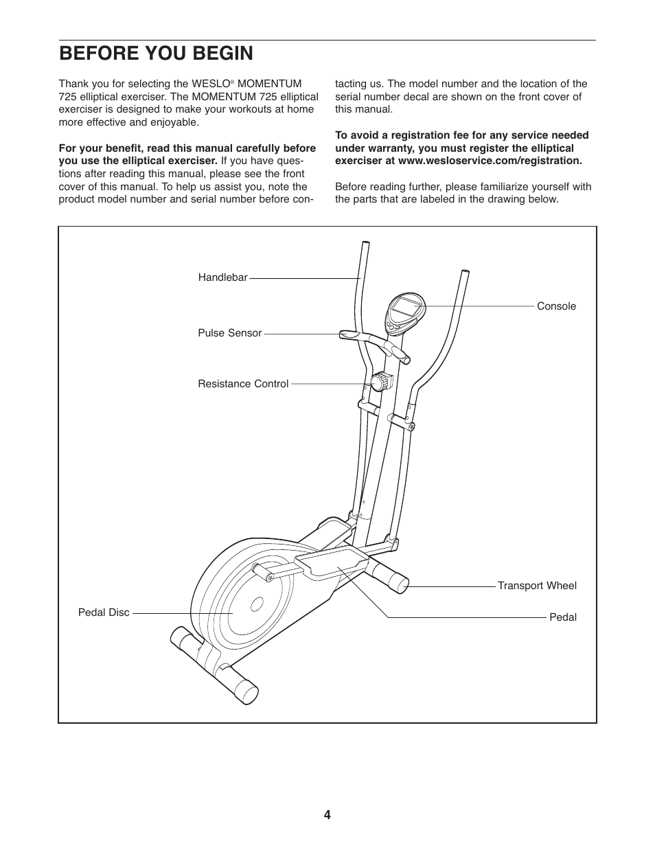 Before you begin | Weslo MOMENTUM WLEL7397.1 User Manual | Page 4 / 16