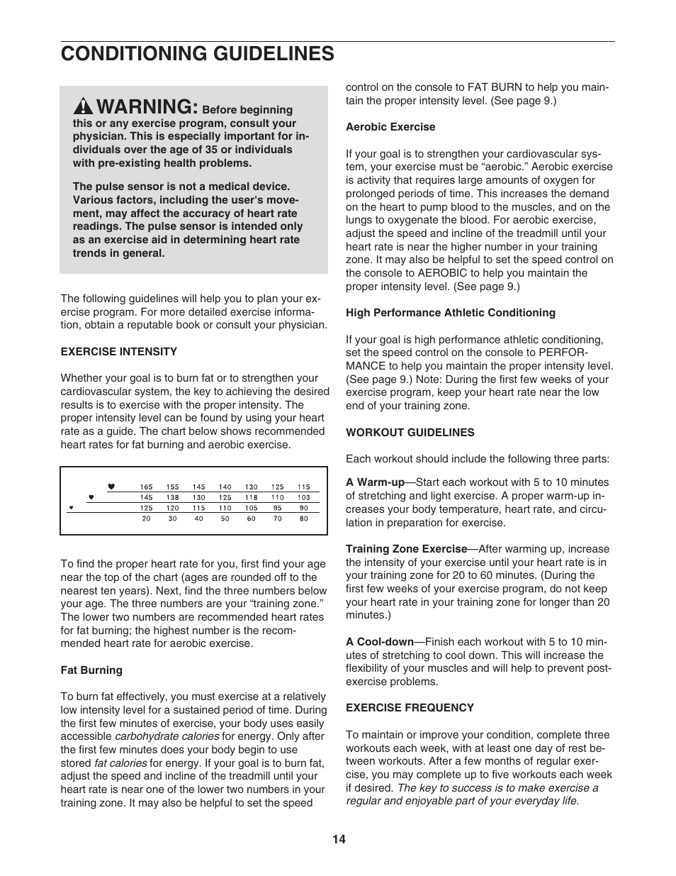 Conditioning guidelines, Warning | Weslo WCTL39110 User Manual | Page 14 / 19