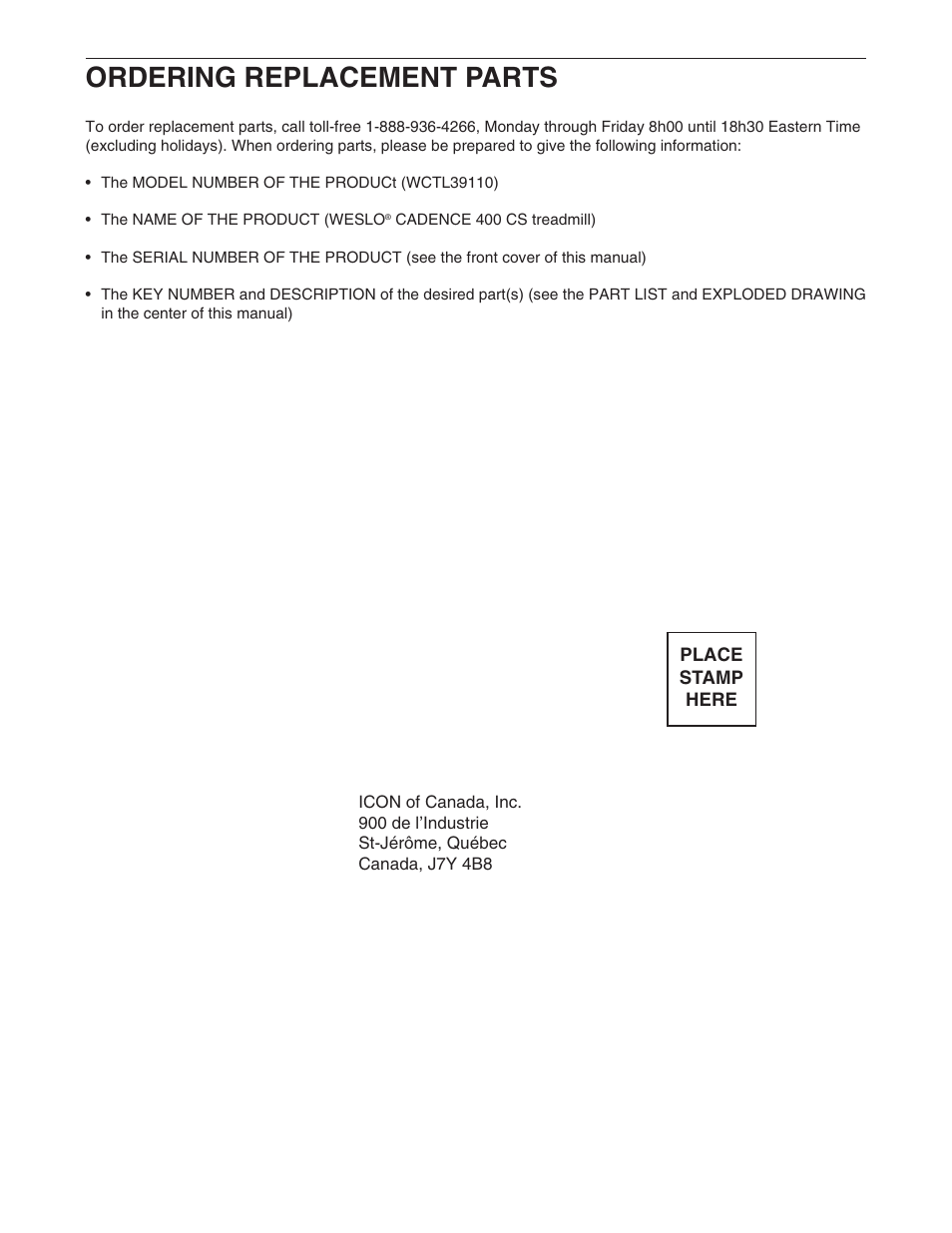 Ordering replacement parts | Weslo WCTL39110 User Manual | Page 15 / 19