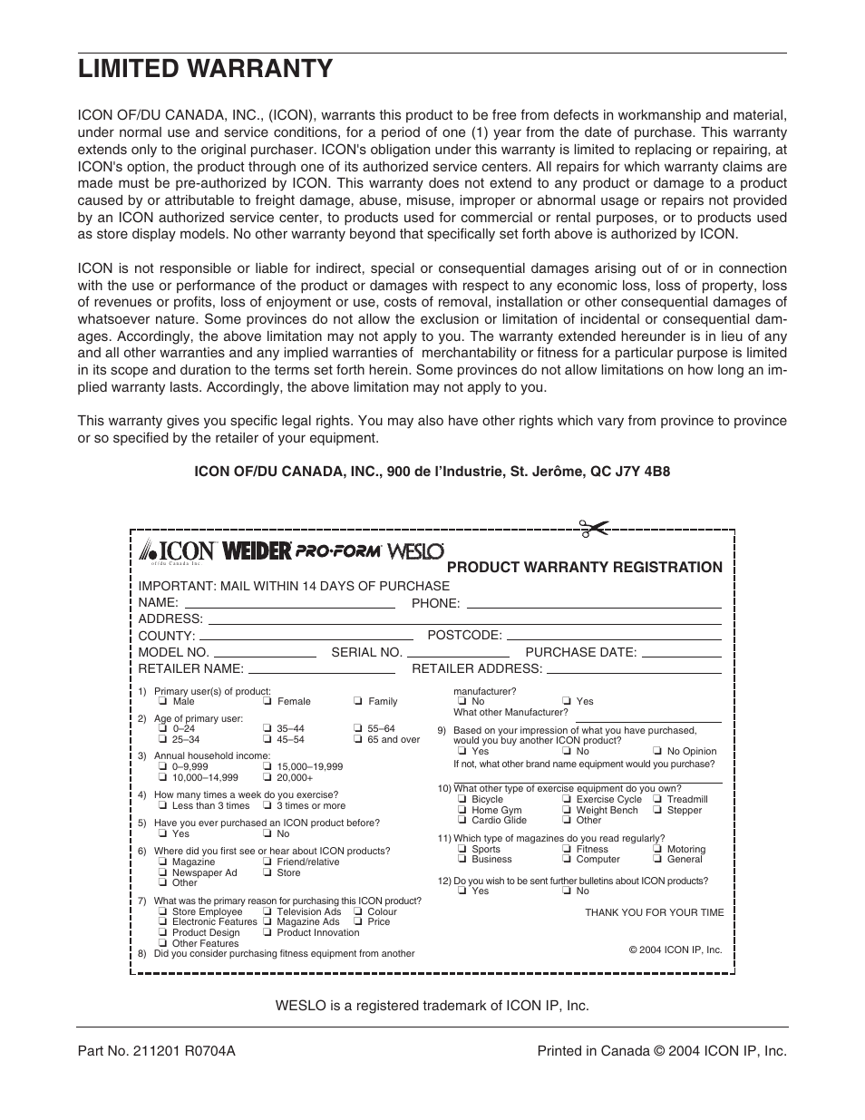 Limited warranty, Product warranty registration | Weslo WCTL39110 User Manual | Page 16 / 19