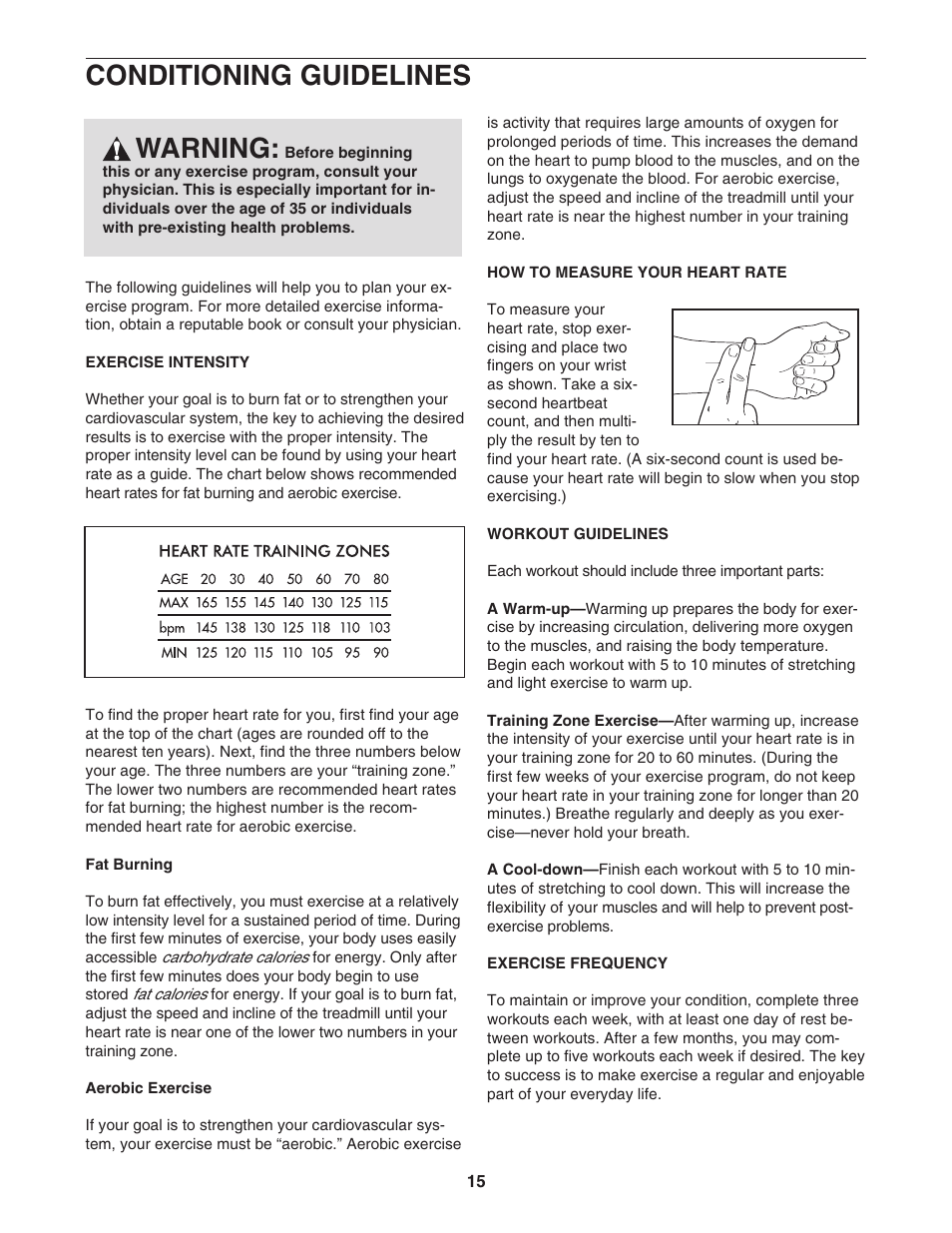 Conditioning guidelines, Warning | Weslo WLTL19306.0 User Manual | Page 15 / 19