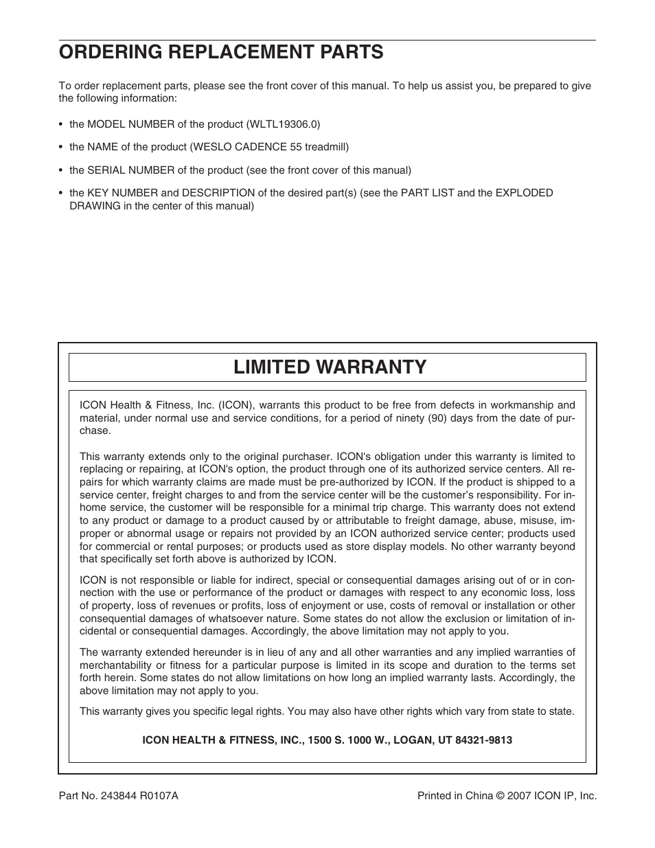 Ordering replacement parts, Limited warranty | Weslo WLTL19306.0 User Manual | Page 19 / 19