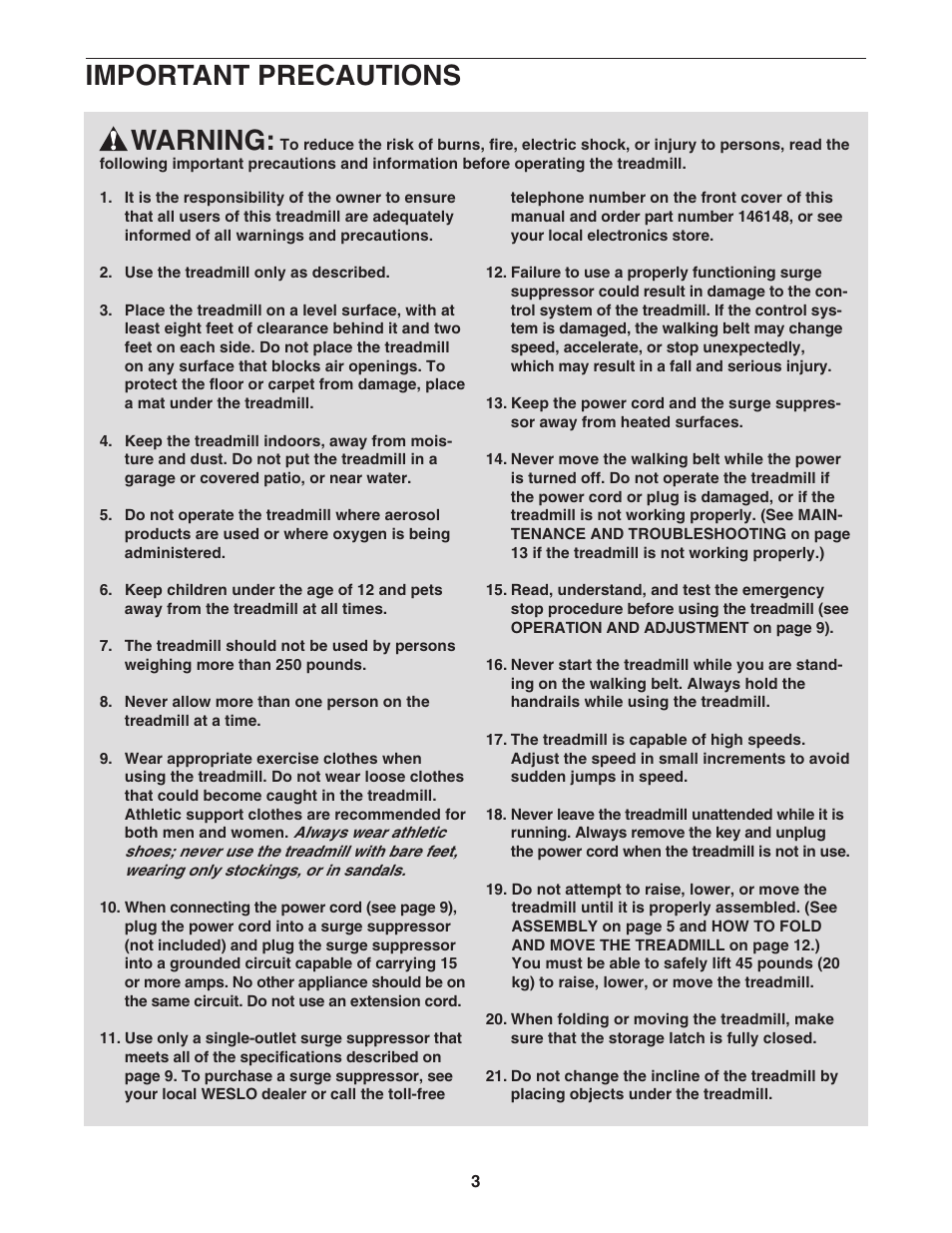 Warning, Important precautions | Weslo WLTL19306.0 User Manual | Page 3 / 19