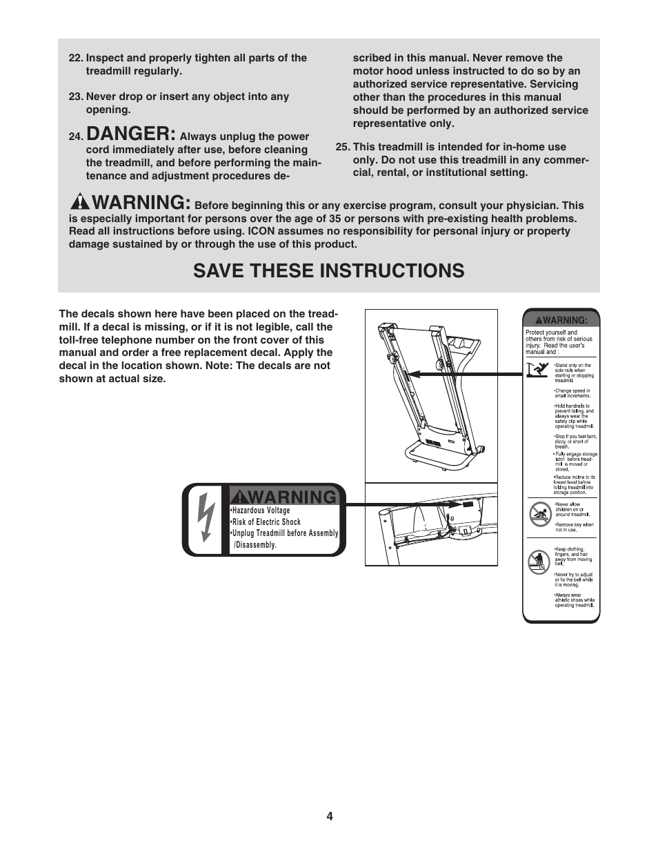 Danger, Warning, Save these instructions | Weslo WLTL19306.0 User Manual | Page 4 / 19