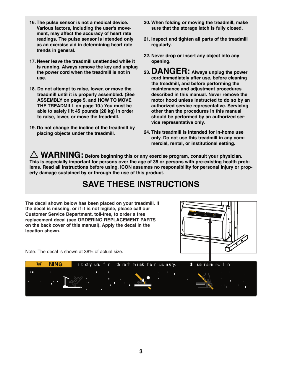 Danger, Warning, Save these instructions | Weslo WLTL24090 User Manual | Page 3 / 18