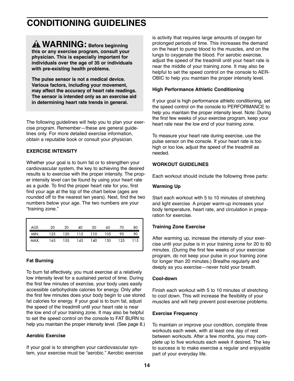 Conditioning guidelines, Warning | Weslo 925925 User Manual | Page 14 / 18