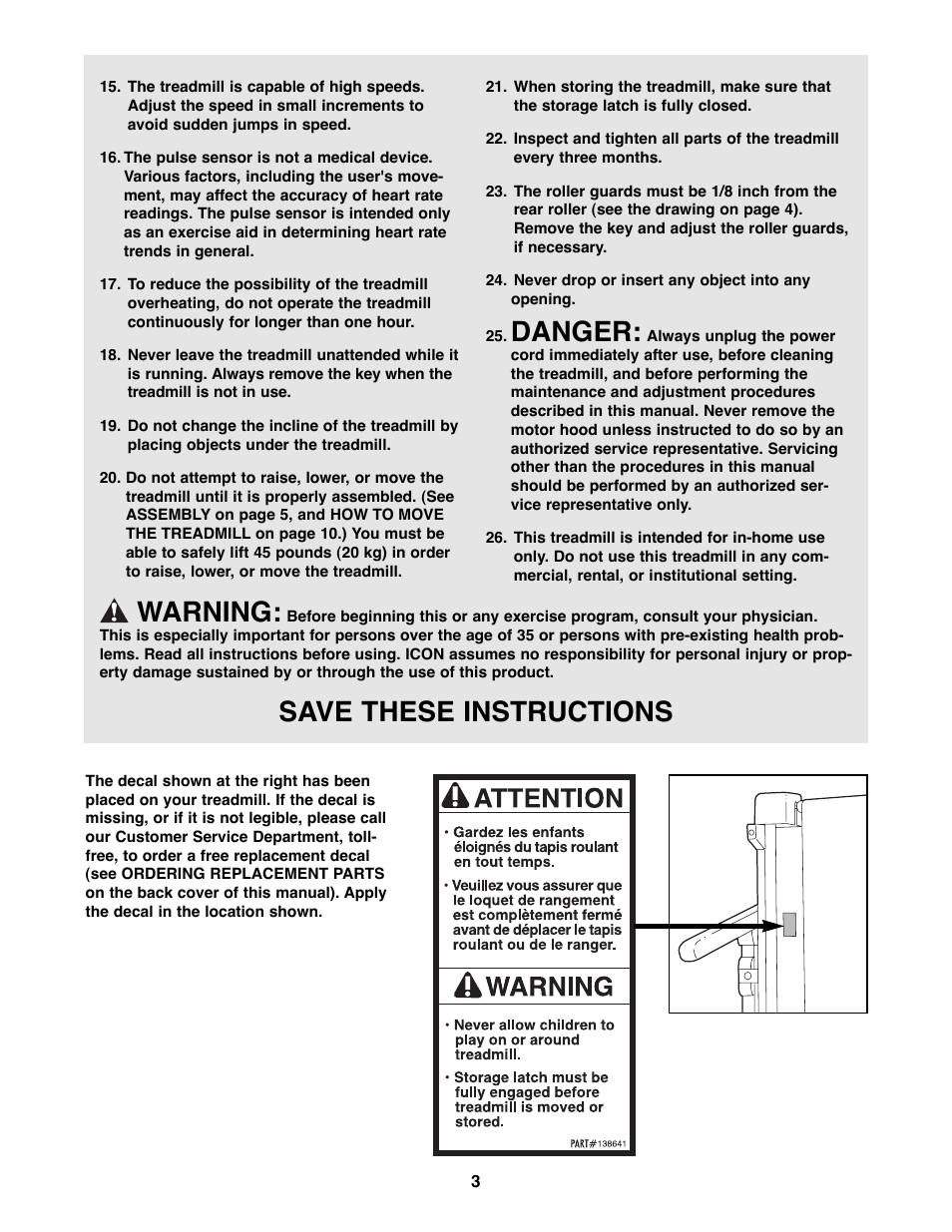 Danger, Warning, Save these instructions | Weslo 925925 User Manual | Page 3 / 18