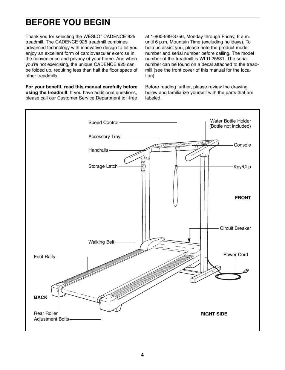 Before you begin | Weslo 925925 User Manual | Page 4 / 18