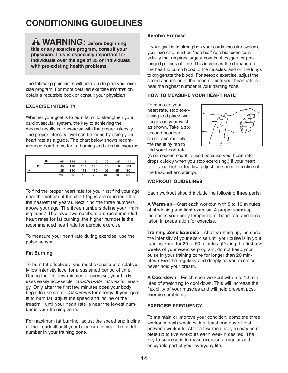 Conditioning guidelines warning | Weslo WLTL211041 User Manual | Page 14 / 19