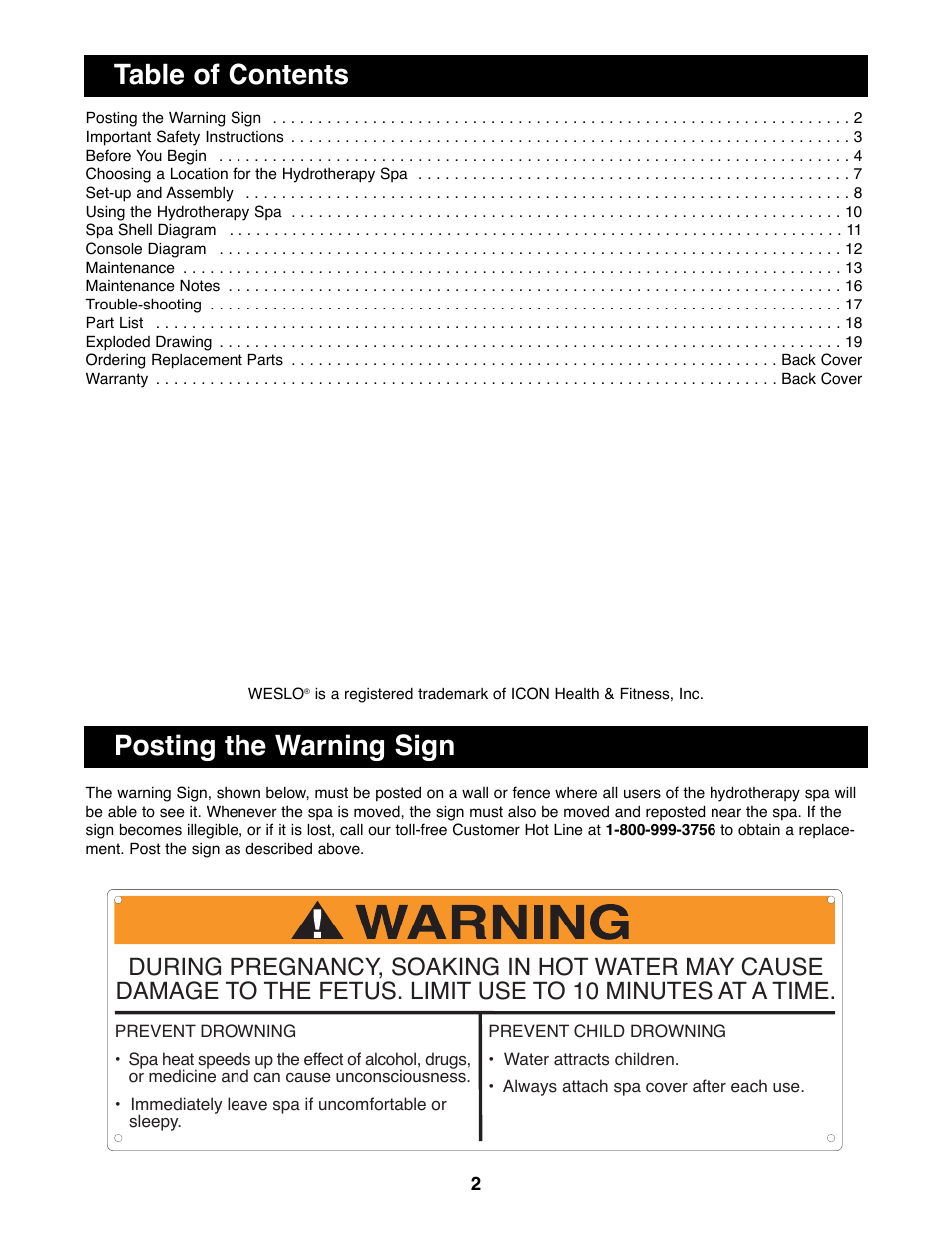 Posting the warning sign table of contents | Weslo Daybreak 860 WLHS86090 User Manual | Page 2 / 20