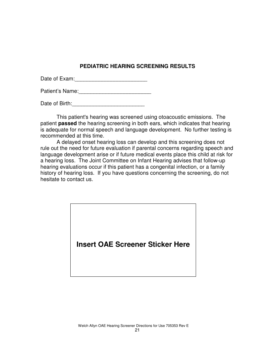 Insert oae screener sticker here | Welch Allyn REF 29400 User Manual | Page 22 / 54