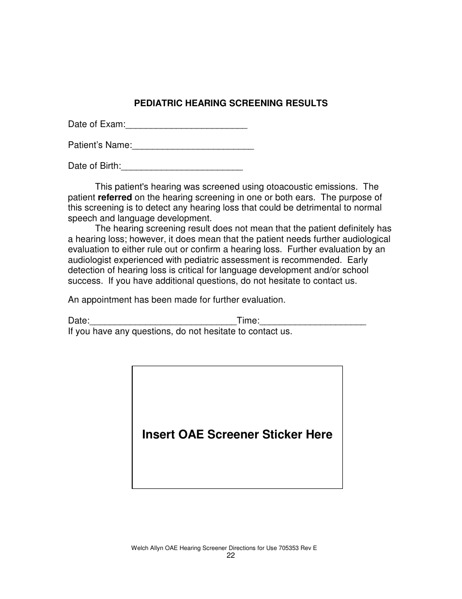 Insert oae screener sticker here | Welch Allyn REF 29400 User Manual | Page 23 / 54