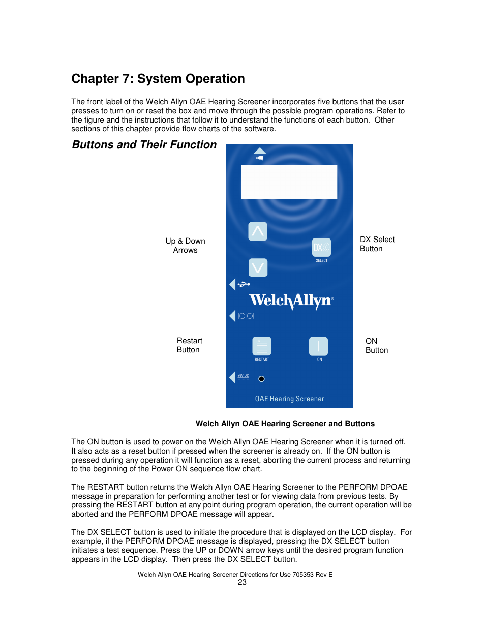 Chapter 7: system operation, Buttons and their function | Welch Allyn REF 29400 User Manual | Page 24 / 54