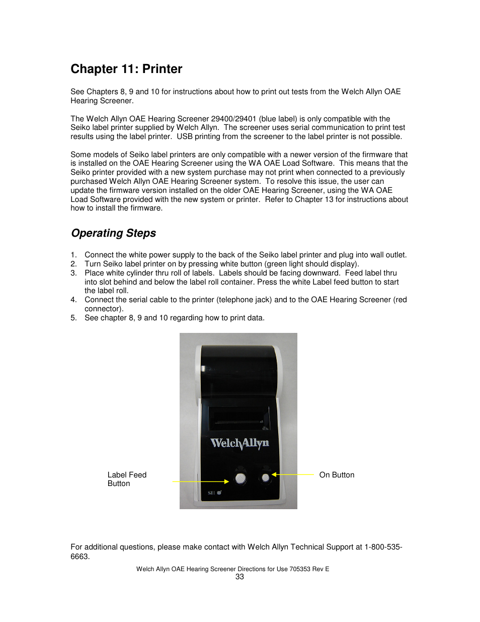 Chapter 11: printer, Operating steps | Welch Allyn REF 29400 User Manual | Page 34 / 54