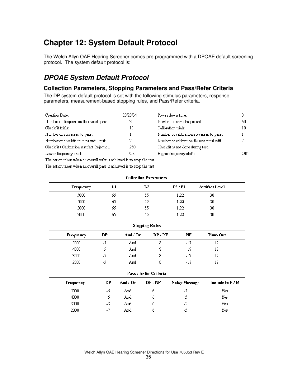 Chapter 12: system default protocol, Dpoae system default protocol | Welch Allyn REF 29400 User Manual | Page 36 / 54