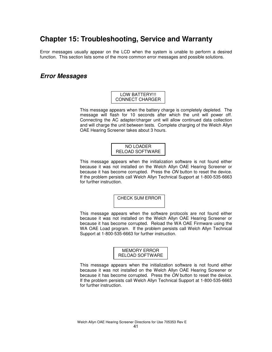 Chapter 15: troubleshooting, service and warranty, Error messages | Welch Allyn REF 29400 User Manual | Page 42 / 54