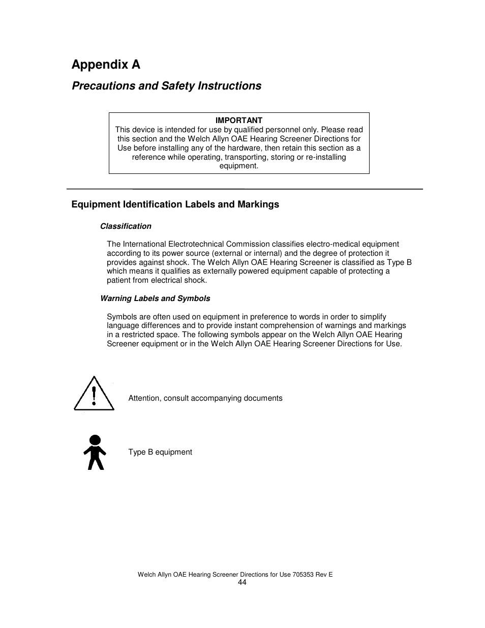 Appendix a, Precautions and safety instructions | Welch Allyn REF 29400 User Manual | Page 45 / 54