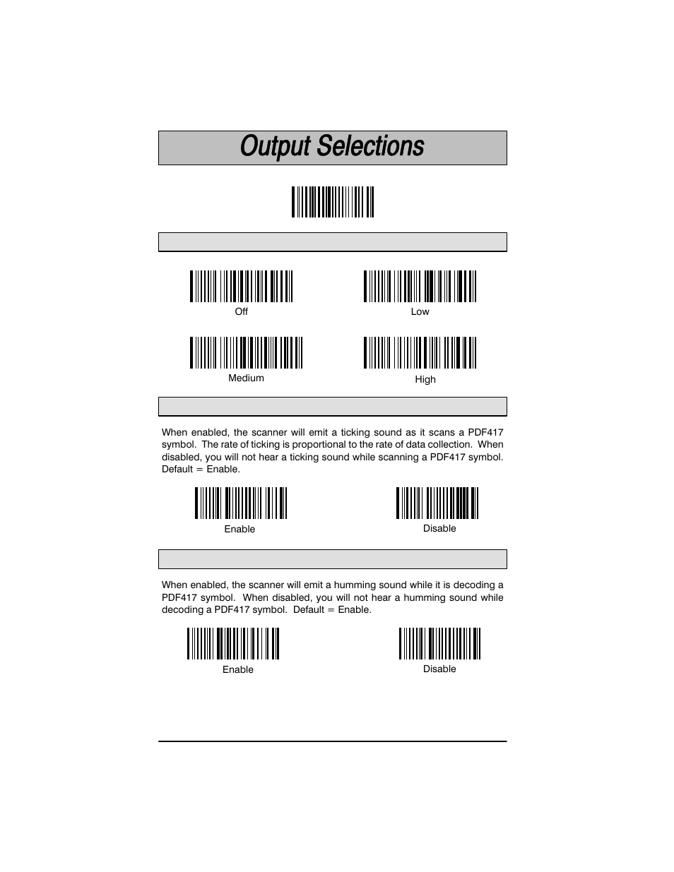 Beeper volume selection, Ticking/scanning progress selection, Humming/busy decoder selection | Welch Allyn SCANTEAM 3400PDF User Manual | Page 28 / 94