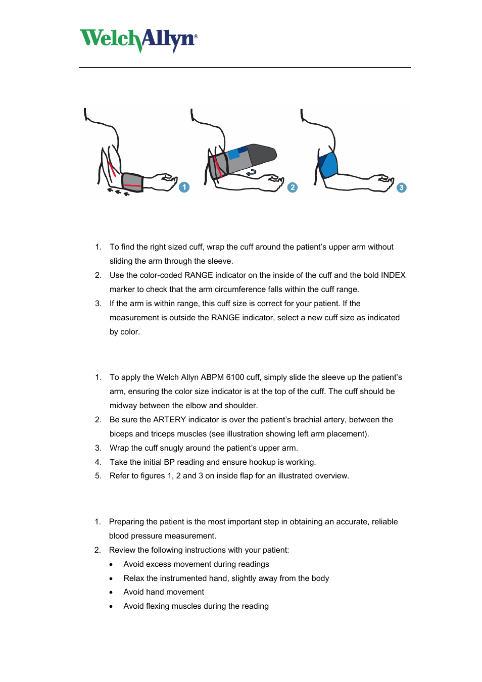 Sleeve cuff, Step 2: applying the cuff, Step 3: prepare the patient | Abpm 6100 hardware manual | Welch Allyn ABPM 6100 User Manual | Page 13 / 30