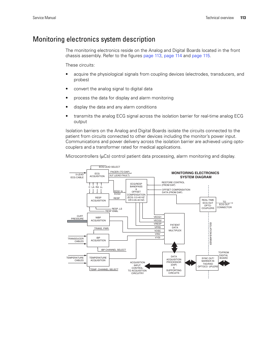 Monitoring electronics system description, Service manual technical overview 113 | Welch Allyn PROPAQ CS User Manual | Page 117 / 142