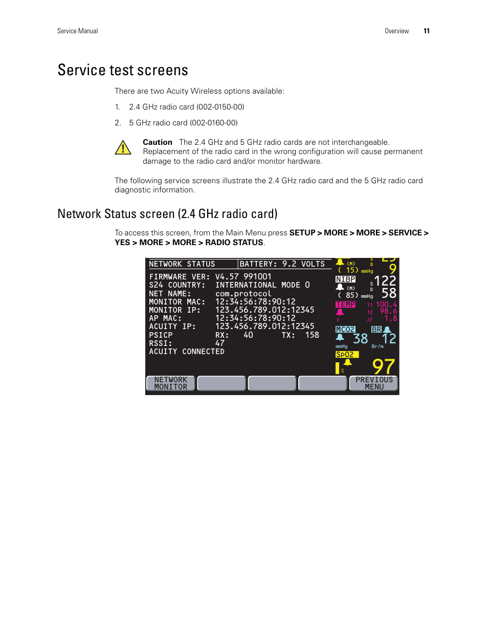Service test screens, Network status screen (2.4 ghz radio card) | Welch Allyn PROPAQ CS User Manual | Page 15 / 142