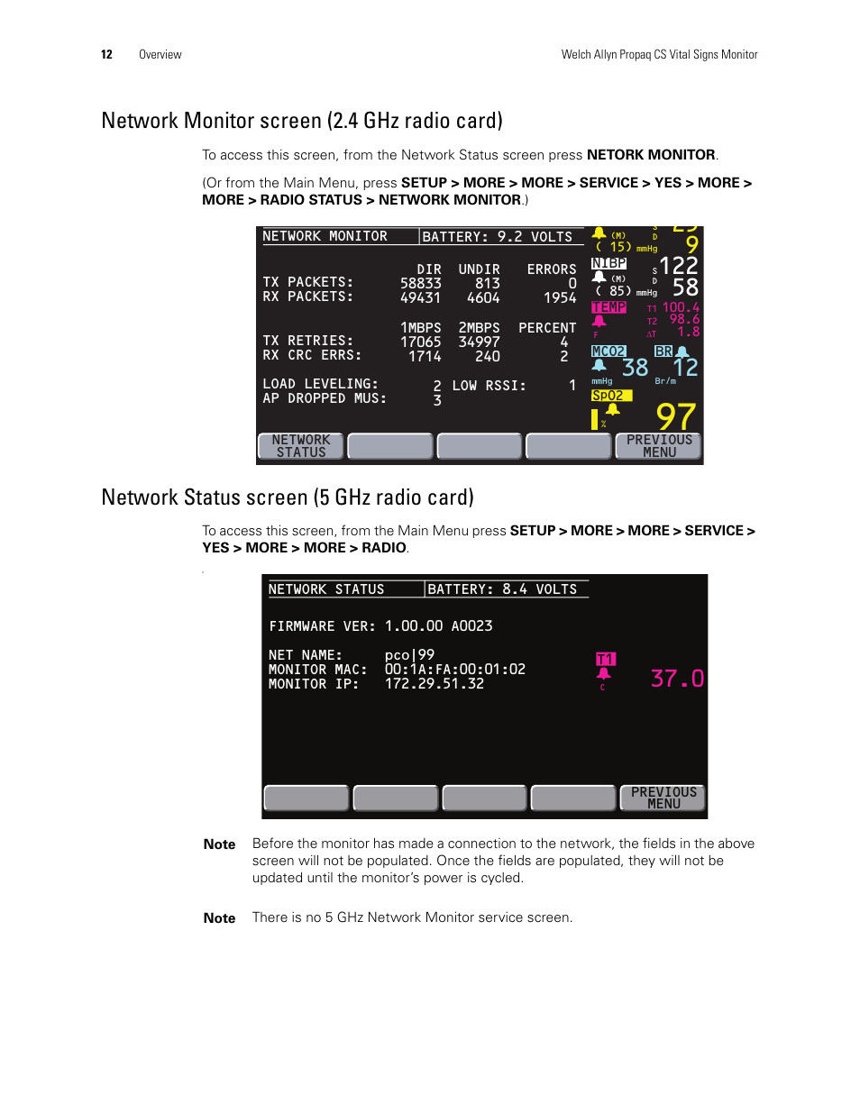 Network monitor screen (2.4 ghz radio card), Network status screen (5 ghz radio card) | Welch Allyn PROPAQ CS User Manual | Page 16 / 142