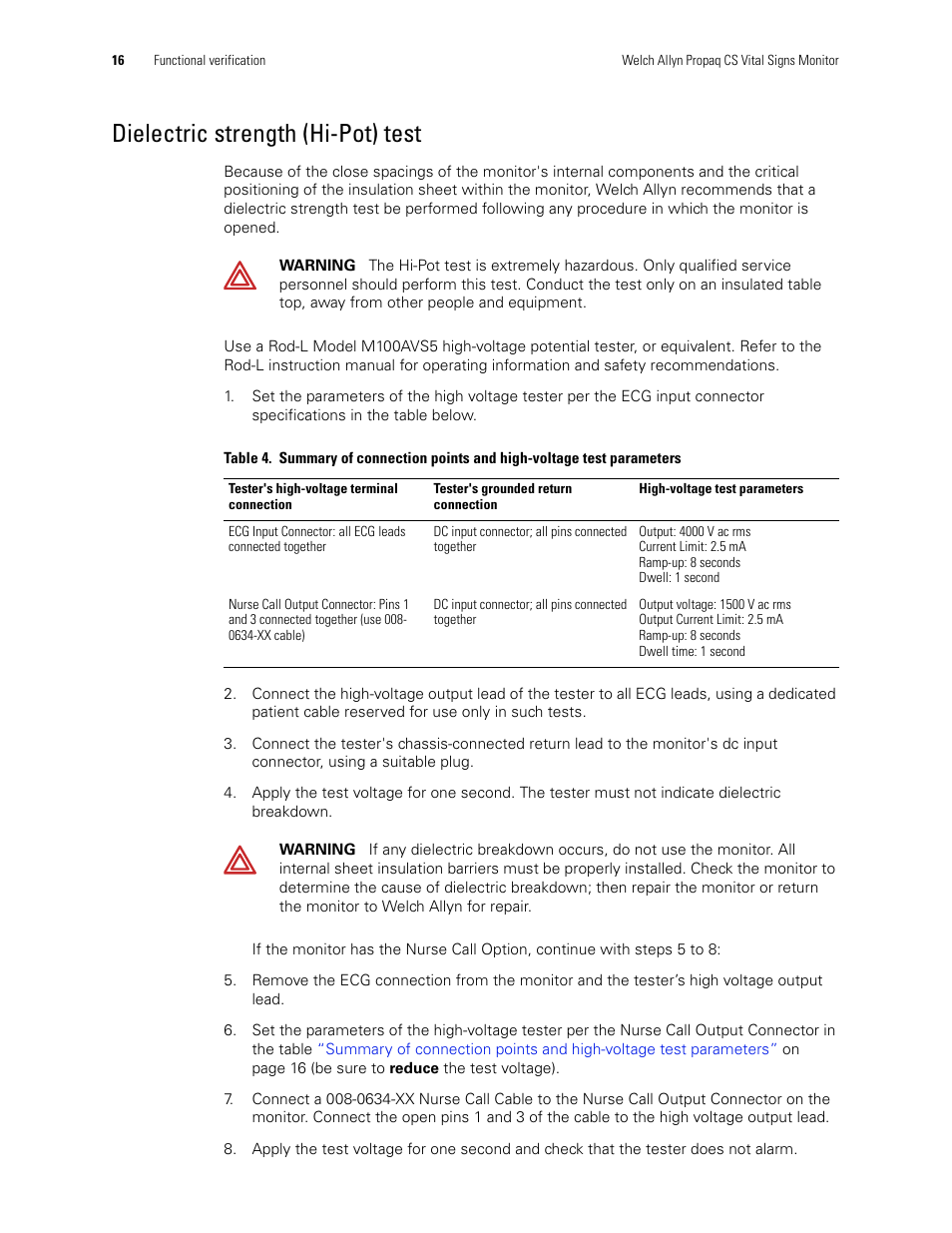 Dielectric strength (hi-pot) test | Welch Allyn PROPAQ CS User Manual | Page 20 / 142