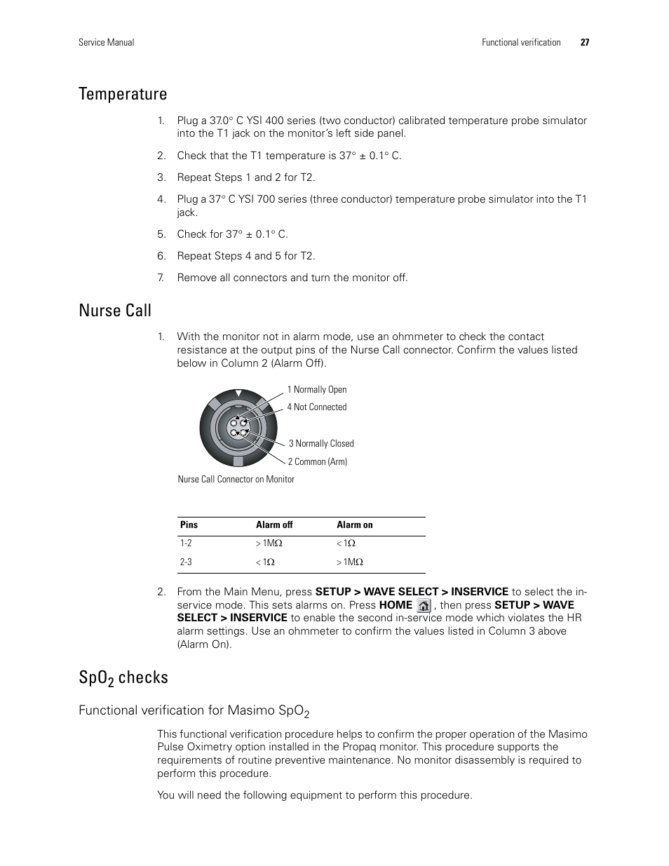 Temperature, Nurse call, Checks | Welch Allyn PROPAQ CS User Manual | Page 31 / 142