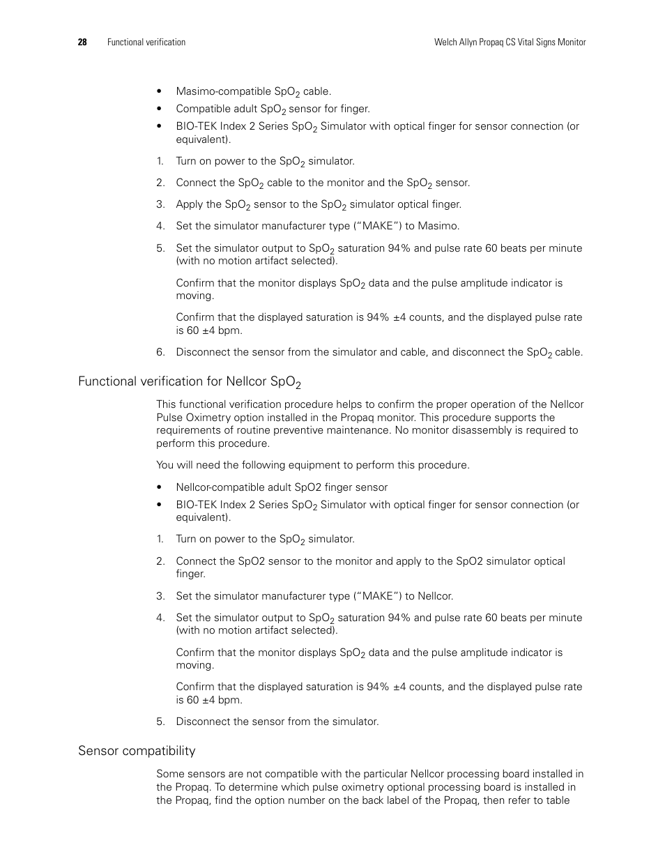 Functional verification for nellcor spo, Sensor compatibility | Welch Allyn PROPAQ CS User Manual | Page 32 / 142